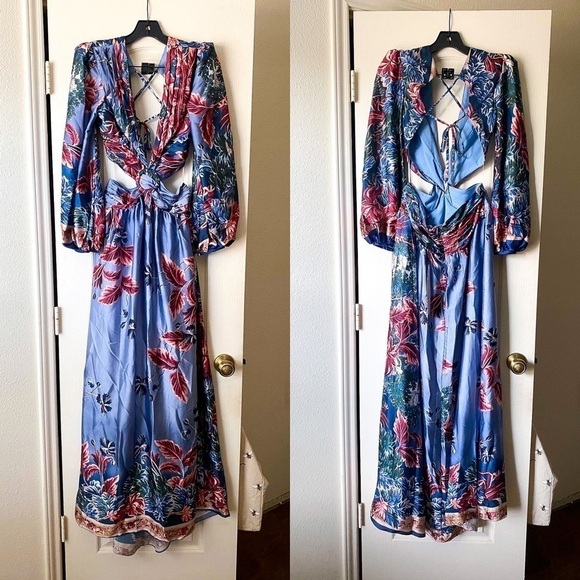 PatBO Dress Gilly Print Cut-Out Maxi Floral Open Back Slit Vacation Blue 8 NWT - Picture 2 of 13